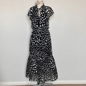 Who What Wear Polka Dot Midi Dress Black White Ruffle Neck Tassel Small